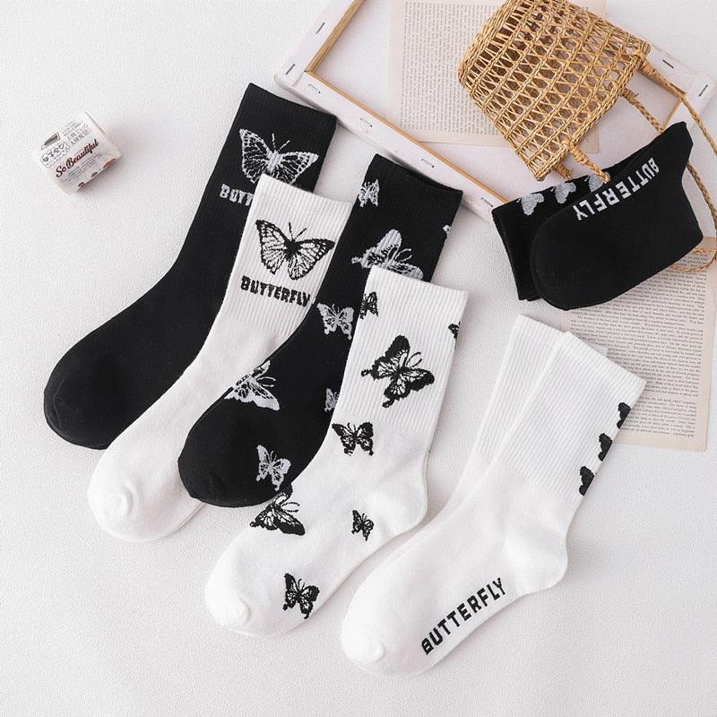 Cartoon socks cute bow print white black calcetines Women's Novelty Socks Crew Fun Funky fall fashion Casual Cotton Dress Socks - ALLURELATION - black and white socks, butterfly socks, cotton socks, cute bow print socks, funny socks, novelty socks, socks, socks for women, womens socks - Stevvex.com