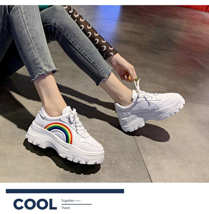 Casual Winter Women Thick Sneakers White Shoes Autumn Winter Fashion Platform Shoes Female Lace Up Rainbow Vulcanized Shoes Comfy Fashion Sneakers Breathable Athletic Casual Shoes