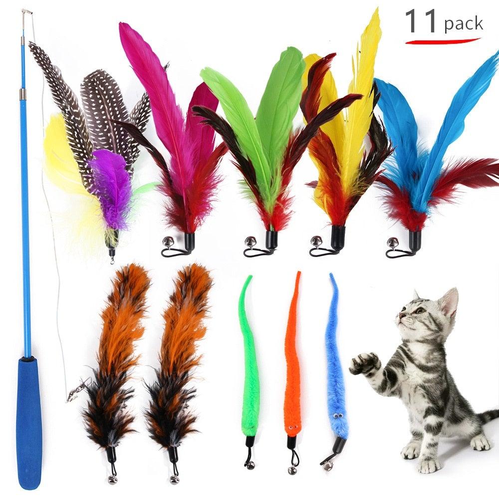 Cat Feather Toy Set Cat Feather Teaser Wand Toy for Kitten Cat Having Fun Exercise Playing Without the Stick Interactive Cat Feather Toys  Retractable Cat Wand Toy and Feathers Teaser Refills Cat Toys for Indoor