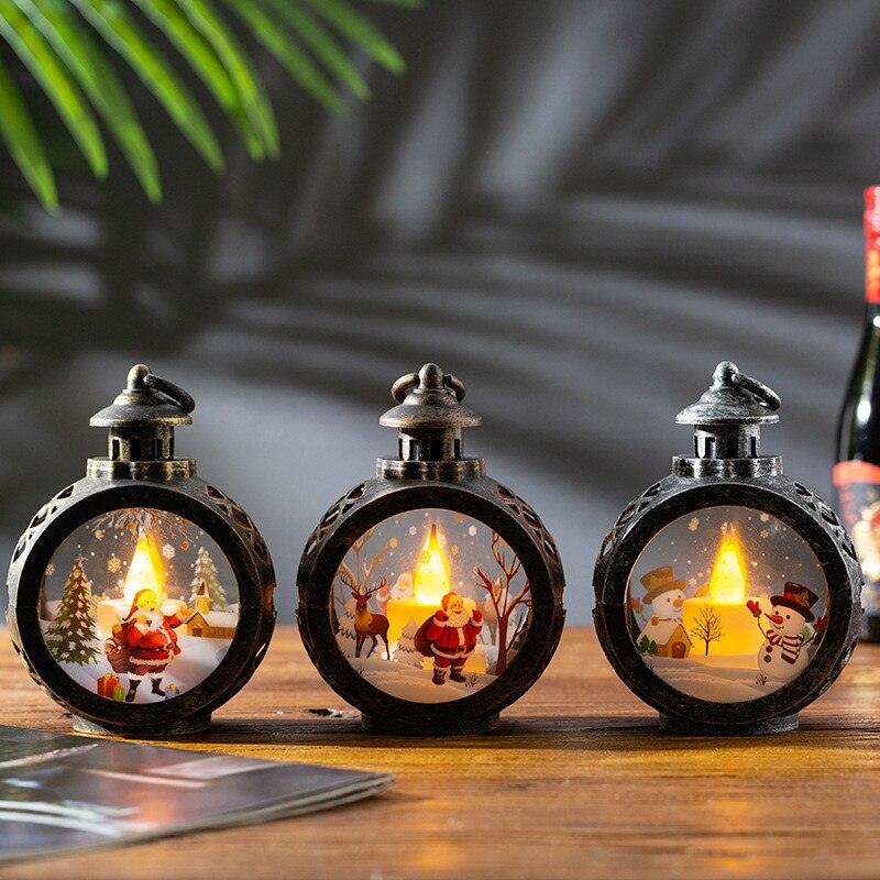 Christmas Decoration Hanging Lights Desktop Round Led Candle With Battery Retro Christmas Candle Lantern With Flashing LED Light Snow Globe Decor Plastic Vintage Lantern Santa Claus Hanging Candle Holder Window Home Decorations