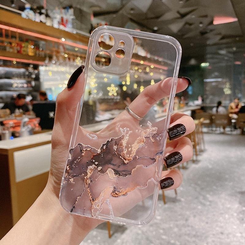 Clear Watercolor Marble Texture Phone Case For iPhone 11 Pro Max 11 Mini X XR XS Max 7 8 6s Plus Soft Back Cover Gold-Plated Silicone Mobile Phone Case Bumper Scratch-Resistant Protective Case