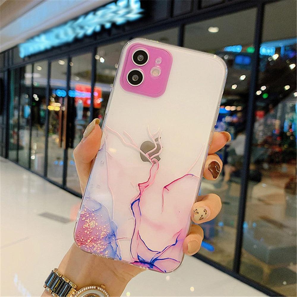 Clear Watercolor Marble Texture Phone Case For iPhone 11 Pro Max 11 Mini X XR XS Max 7 8 6s Plus Soft Back Cover Gold-Plated Silicone Mobile Phone Case Bumper Scratch-Resistant Protective Case