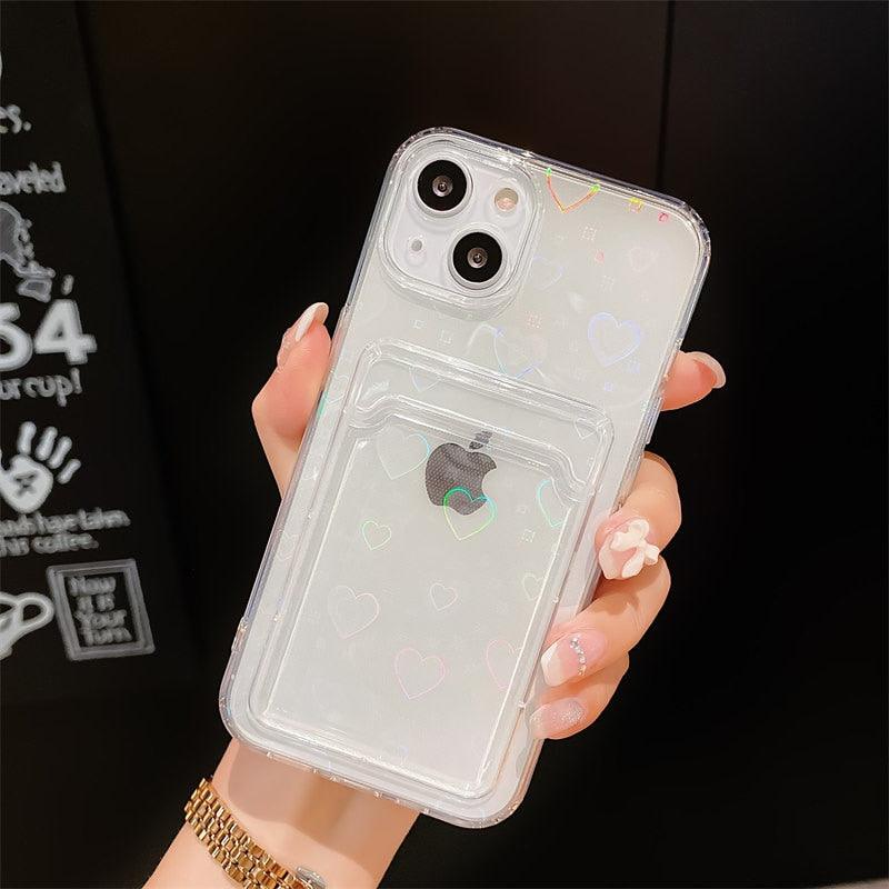 Colorful Transparent Holographic Love Heart Cute Case Transparent Gradient Love Heart Pattern Wallet Card Phone Case For iPhone 13 12 11 Pro Max X XR XS 7 8 6 Plus Minimalist Design Phone Case