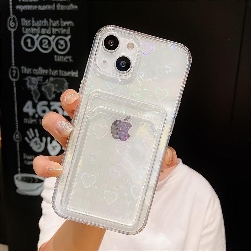 Colorful Transparent Holographic Love Heart Cute Case Transparent Gradient Love Heart Pattern Wallet Card Phone Case For iPhone 13 12 11 Pro Max X XR XS 7 8 6 Plus Minimalist Design Phone Case