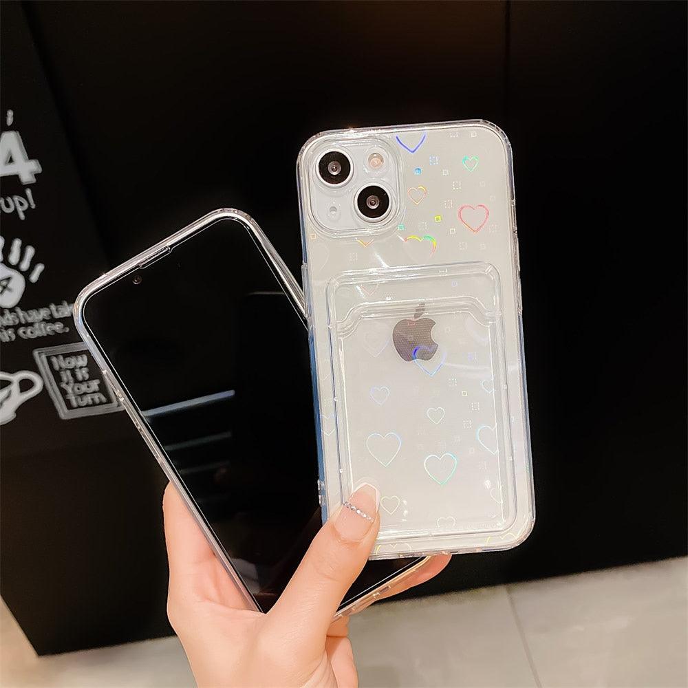Colorful Transparent Holographic Love Heart Cute Case Transparent Gradient Love Heart Pattern Wallet Card Phone Case For iPhone 13 12 11 Pro Max X XR XS 7 8 6 Plus Minimalist Design Phone Case
