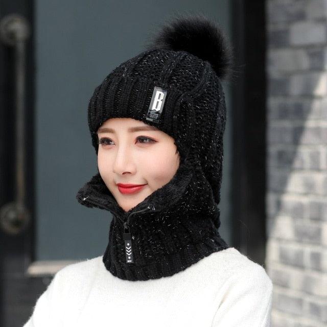 Coral Fleece Winter Women Knitted Hats Add Fur Warm Winter Hats For Women With Zipper Keep Face Warmer Balaclava Pompoms Cap Balaclava Gorgas Bonnet Knitted Hat Windproof Ski Mask Cold Weather Face Mask Motorcycle Balaclava Hood Warmer Winter Sports Cap