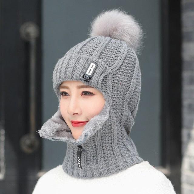 Coral Fleece Winter Women Knitted Hats Add Fur Warm Winter Hats For Women With Zipper Keep Face Warmer Balaclava Pompoms Cap Balaclava Gorgas Bonnet Knitted Hat Windproof Ski Mask Cold Weather Face Mask Motorcycle Balaclava Hood Warmer Winter Sports Cap