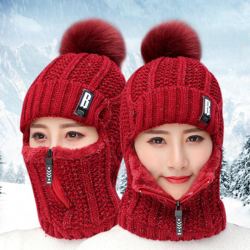 Coral Fleece Winter Women Knitted Hats Add Fur Warm Winter Hats For Women With Zipper Keep Face Warmer Balaclava Pompoms Cap Balaclava Gorgas Bonnet Knitted Hat Windproof Ski Mask Cold Weather Face Mask Motorcycle Balaclava Hood Warmer Winter Sports Cap