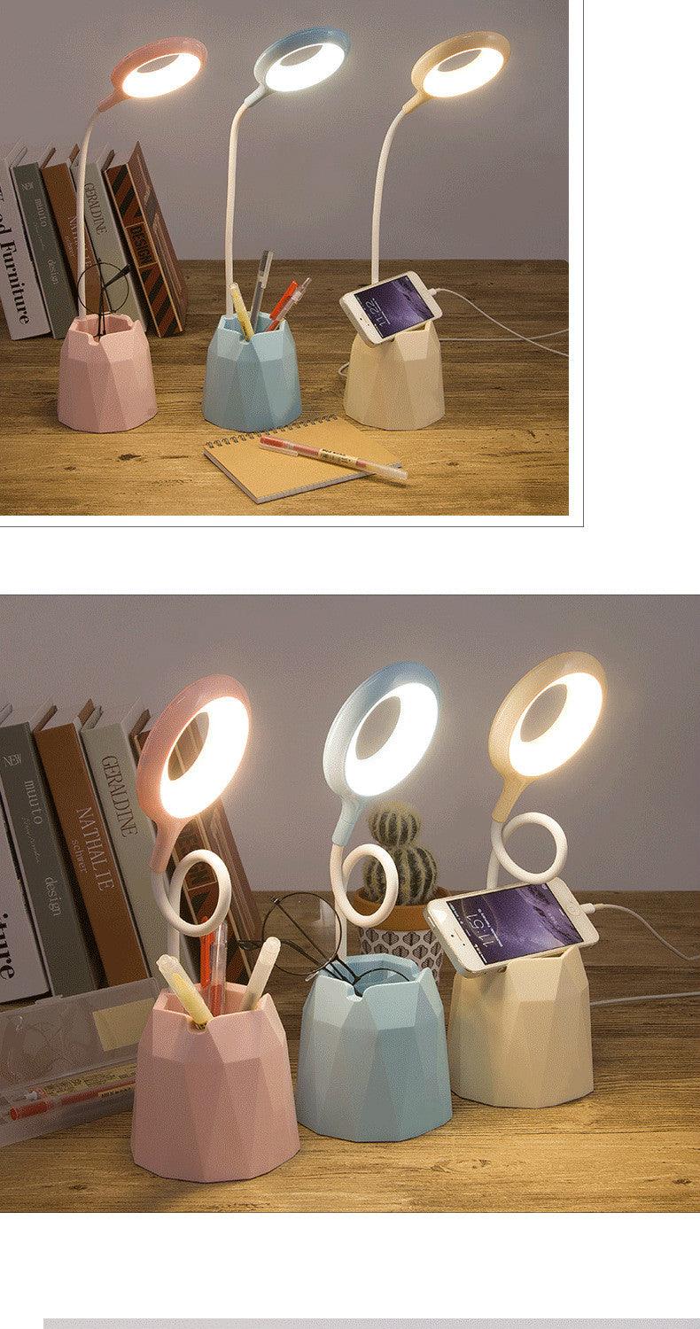 Creative USB Table Light Morden College Dorm Bedroom Study Led Desk Lamp Pen Container Macaroon Eye Protection Ring Table Lamp Decorative Table Lamp Cute Study Lamps for Bedroom Décor