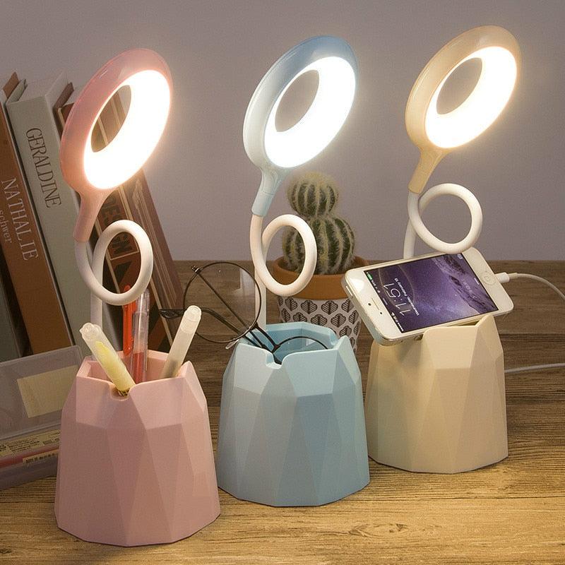 Creative USB Table Light Morden College Dorm Bedroom Study Led Desk Lamp Pen Container Macaroon Eye Protection Ring Table Lamp Decorative Table Lamp Cute Study Lamps for Bedroom Décor