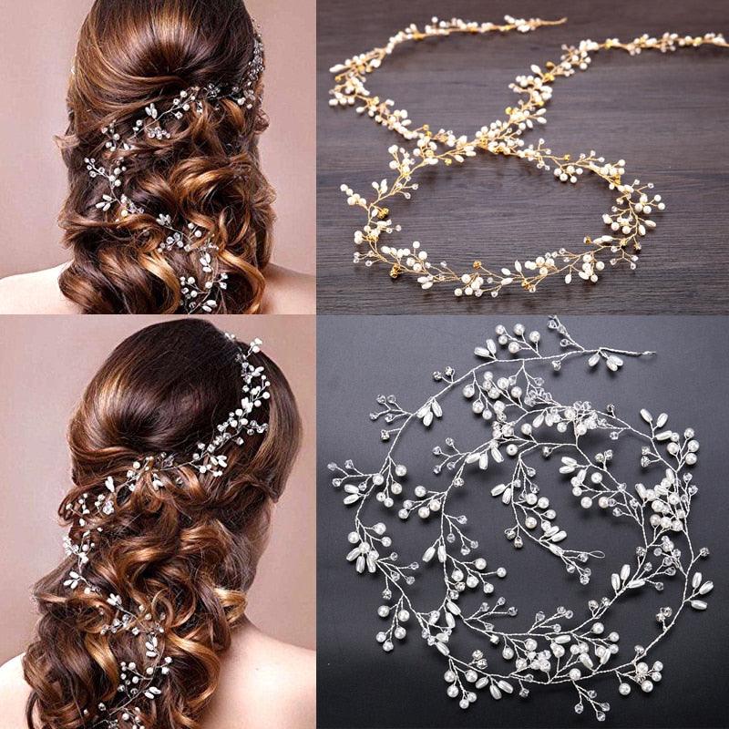 Crystal Pearl Bridal Tiaras Hairbands Hairpins Bridesmaid Diamante Hair Vine Accessories Wedding Jewelry 35cm Headwear Gorgeous Hair Accessories For Women