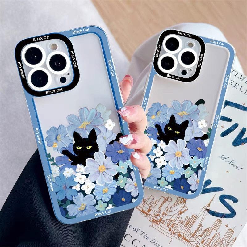 Cute Black Cat Clear Phone Case for iPhone 11 12 13 14 Pro MAX X XR XS Flowers for iPhone 7 8 Plus SE Back Covers Silicone Black with Pattern Ultra Slim Shockproof Soft Gel Back Cover Protective Bumper Skin