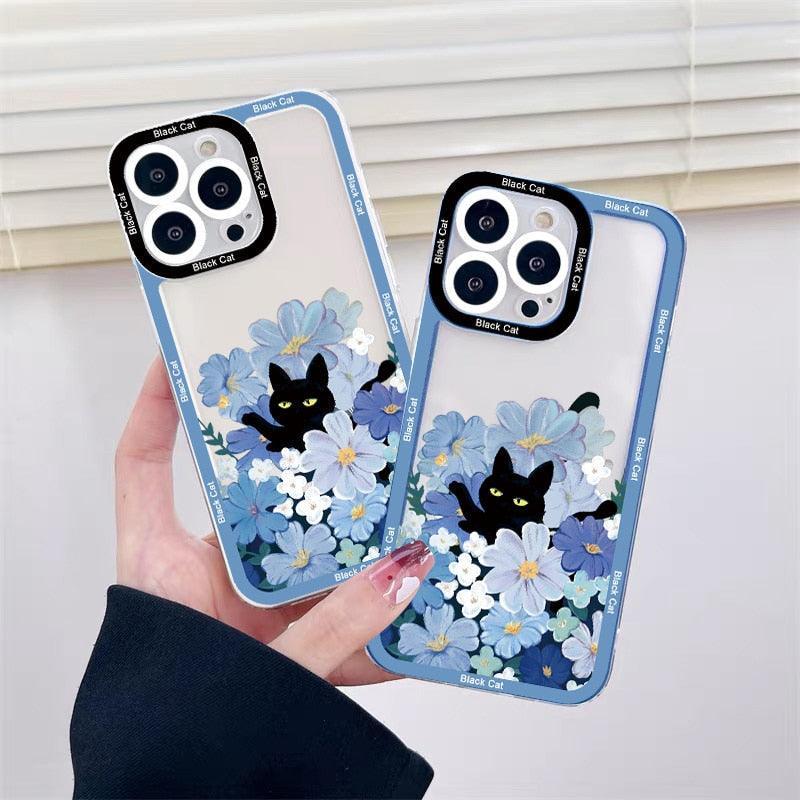 Cute Black Cat Clear Phone Case for iPhone 11 12 13 14 Pro MAX X XR XS Flowers for iPhone 7 8 Plus SE Back Covers Silicone Black with Pattern Ultra Slim Shockproof Soft Gel Back Cover Protective Bumper Skin