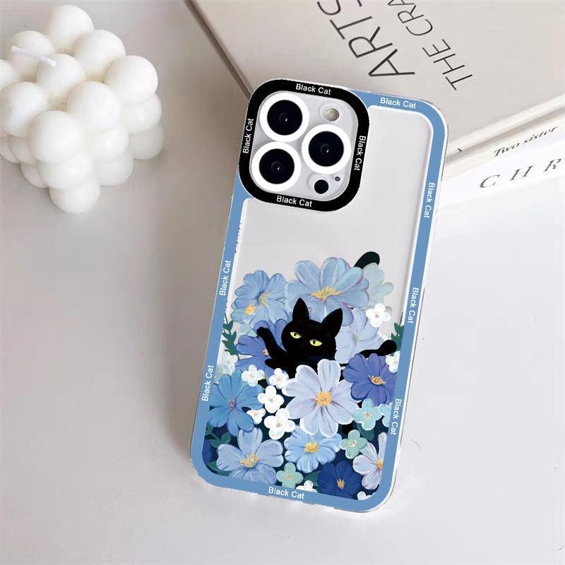 Cute Black Cat Clear Phone Case for iPhone 11 12 13 14 Pro MAX X XR XS Flowers for iPhone 7 8 Plus SE Back Covers Silicone Black with Pattern Ultra Slim Shockproof Soft Gel Back Cover Protective Bumper Skin