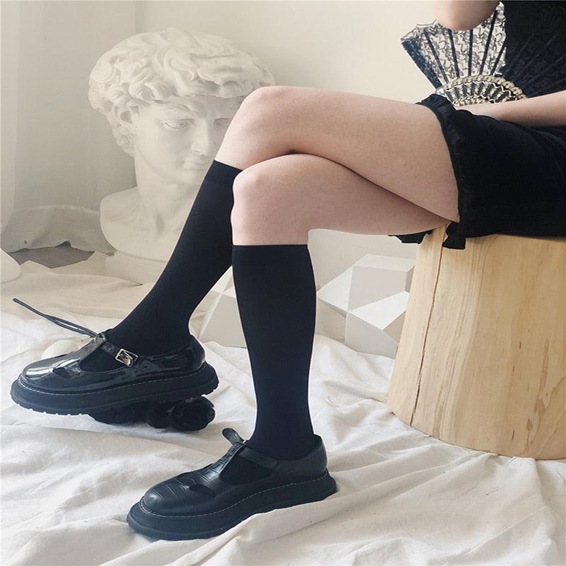 Cute Black White Velvet Warm Long Socks Solid Color Knee High Female Socks Fashion Nylon Stockings For Women