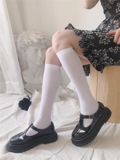 Cute Black White Velvet Warm Long Socks Solid Color Knee High Female Socks Fashion Nylon Stockings For Women