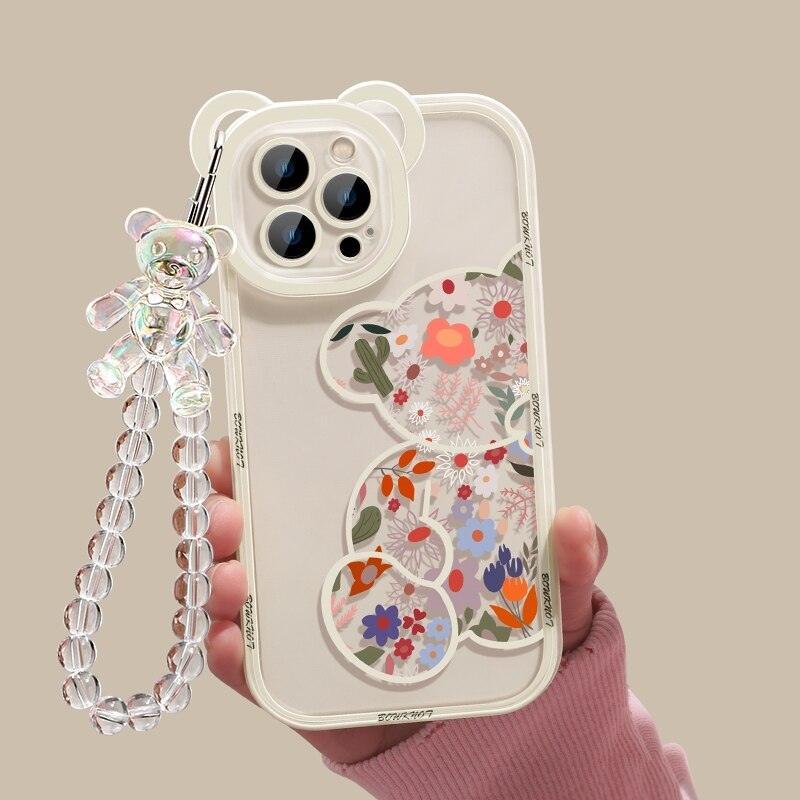 Cute Blue Bear Ears Flower Transparent Phone Case Chain Silicone Case for iphone 14 13 12 11 Pro Max XR XS Clear Soft Cover Clear Floral Bear Camera Lens Case with Lovely Flower Bracelet Chain for Women Girls