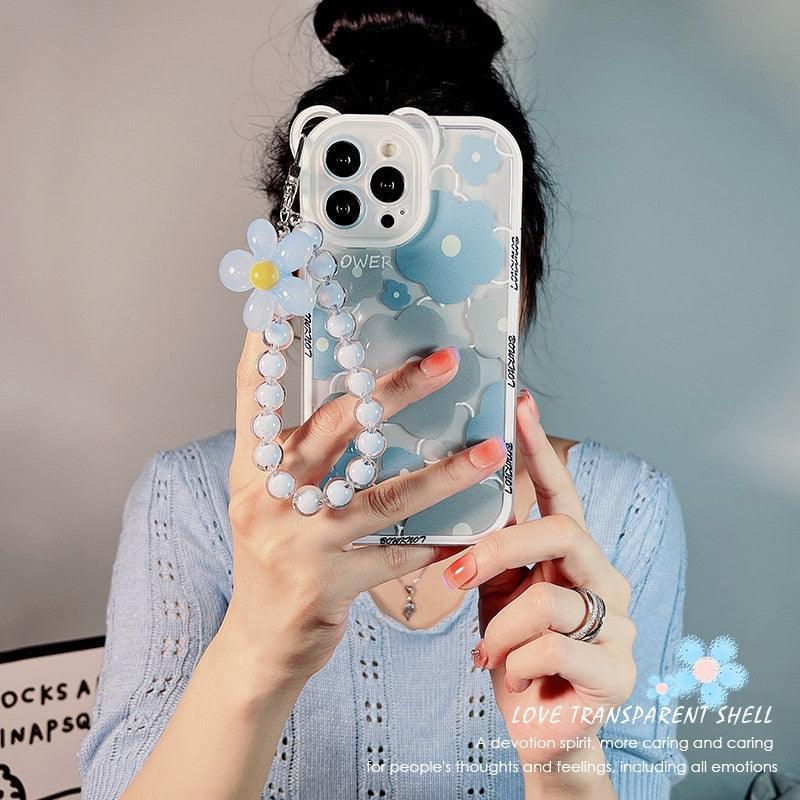 Cute Blue Bear Ears Flower Transparent Phone Case Chain Silicone Case for iphone 14 13 12 11 Pro Max XR XS Clear Soft Cover Clear Floral Bear Camera Lens Case with Lovely Flower Bracelet Chain for Women Girls