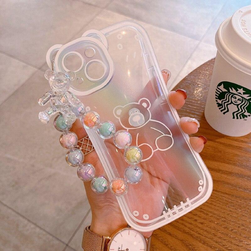Cute Blue Bear Ears Flower Transparent Phone Case Chain Silicone Case for iphone 14 13 12 11 Pro Max XR XS Clear Soft Cover Clear Floral Bear Camera Lens Case with Lovely Flower Bracelet Chain for Women Girls