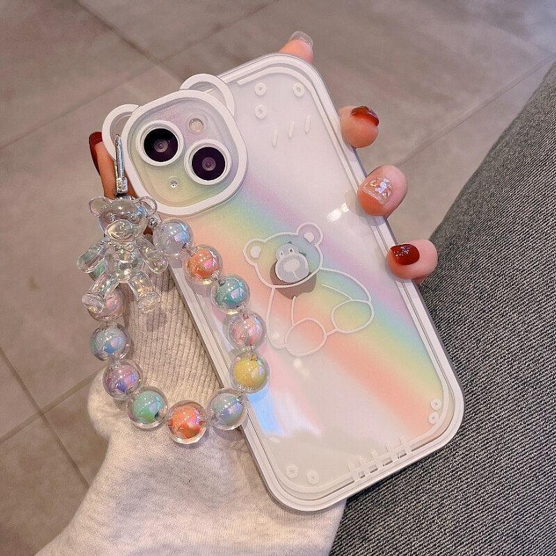 Cute Blue Bear Ears Flower Transparent Phone Case Chain Silicone Case for iphone 14 13 12 11 Pro Max XR XS Clear Soft Cover Clear Floral Bear Camera Lens Case with Lovely Flower Bracelet Chain for Women Girls