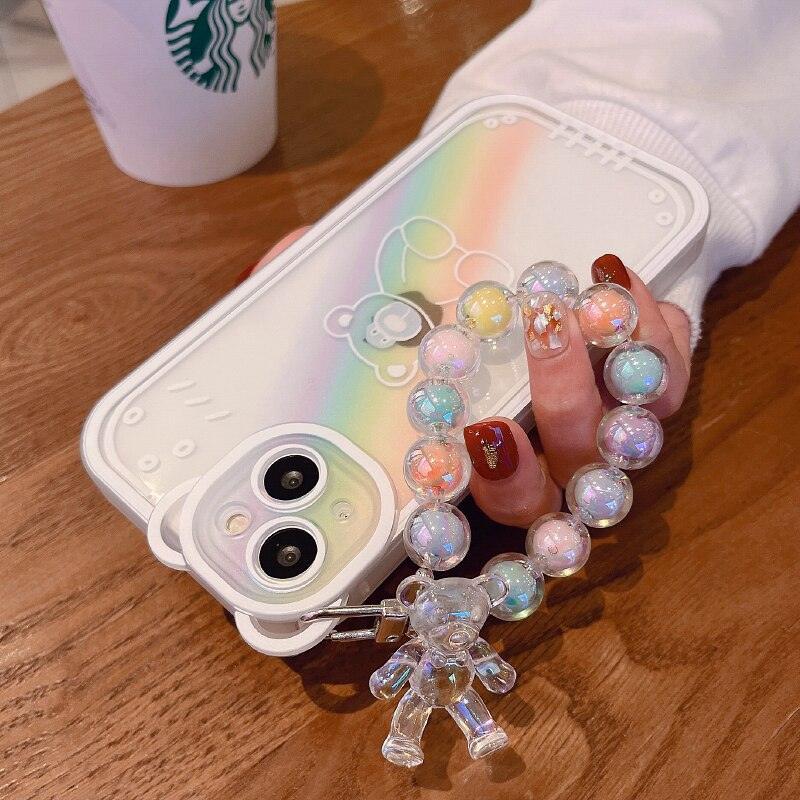 Cute Blue Bear Ears Flower Transparent Phone Case Chain Silicone Case for iphone 14 13 12 11 Pro Max XR XS Clear Soft Cover Clear Floral Bear Camera Lens Case with Lovely Flower Bracelet Chain for Women Girls