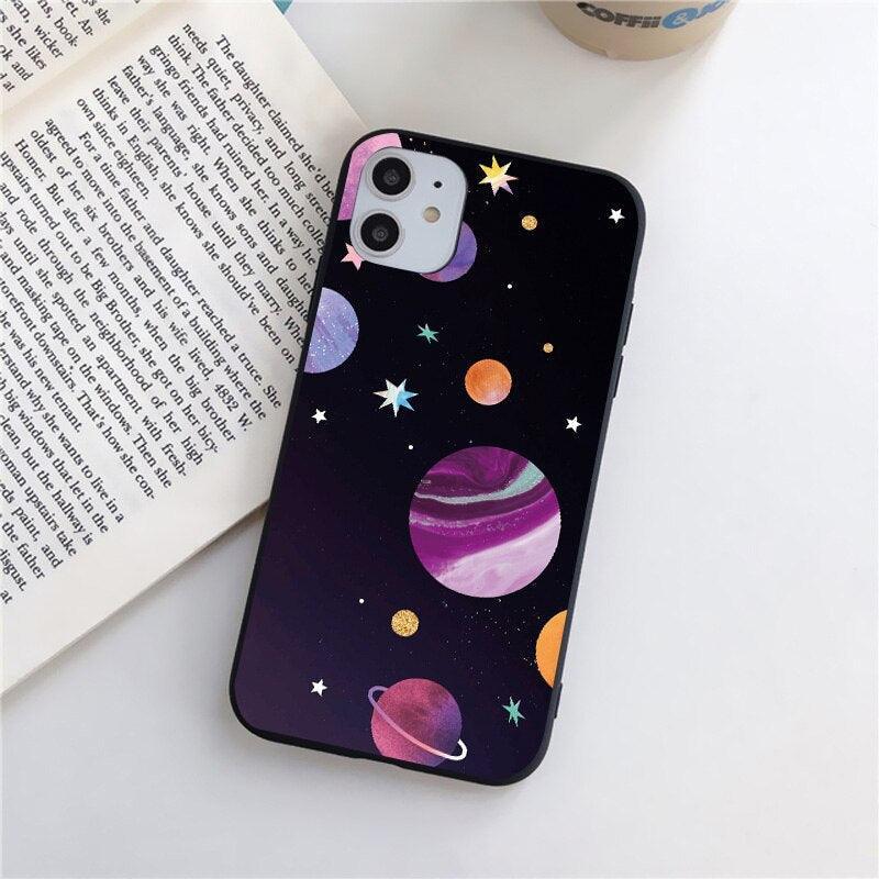 Cute Colorful Planet Star Phone Case For iPhone XR X XS Max 7 8 Plus SE 13 12 11 Pro Max Mini Hard Shockproof Cover Star Moon Planet Pattern Design for Girl Women Boy Men Shockproof Silicone Protective Phone Case