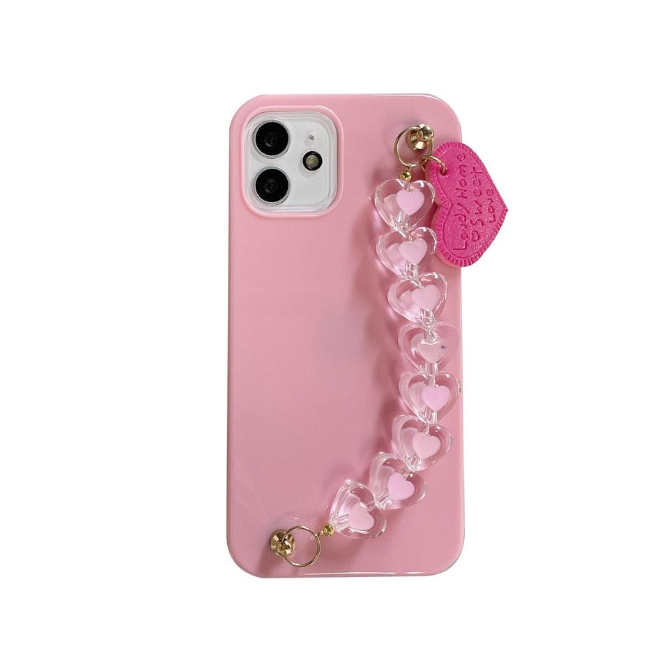 Cute Love Heart Strap Chain Wrist Band Phone Case Bracelet Love-Heart Chain Bracelet Strap Design with Shockproof Soft Back Cover Protective Bumper Case for Women Girls Candy Color Case for iPhone 13 12 11 Pro Soft Cover