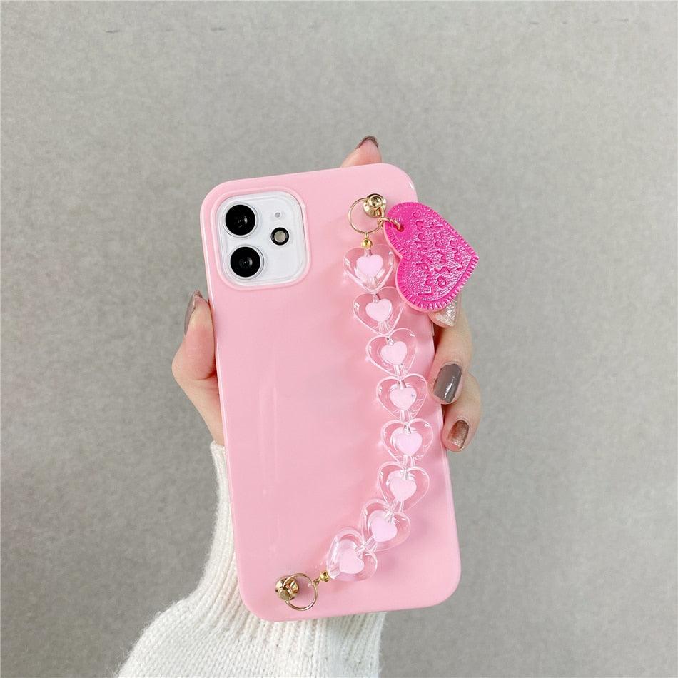Cute Love Heart Strap Chain Wrist Band Phone Case Bracelet Love-Heart Chain Bracelet Strap Design with Shockproof Soft Back Cover Protective Bumper Case for Women Girls Candy Color Case for iPhone 13 12 11 Pro Soft Cover