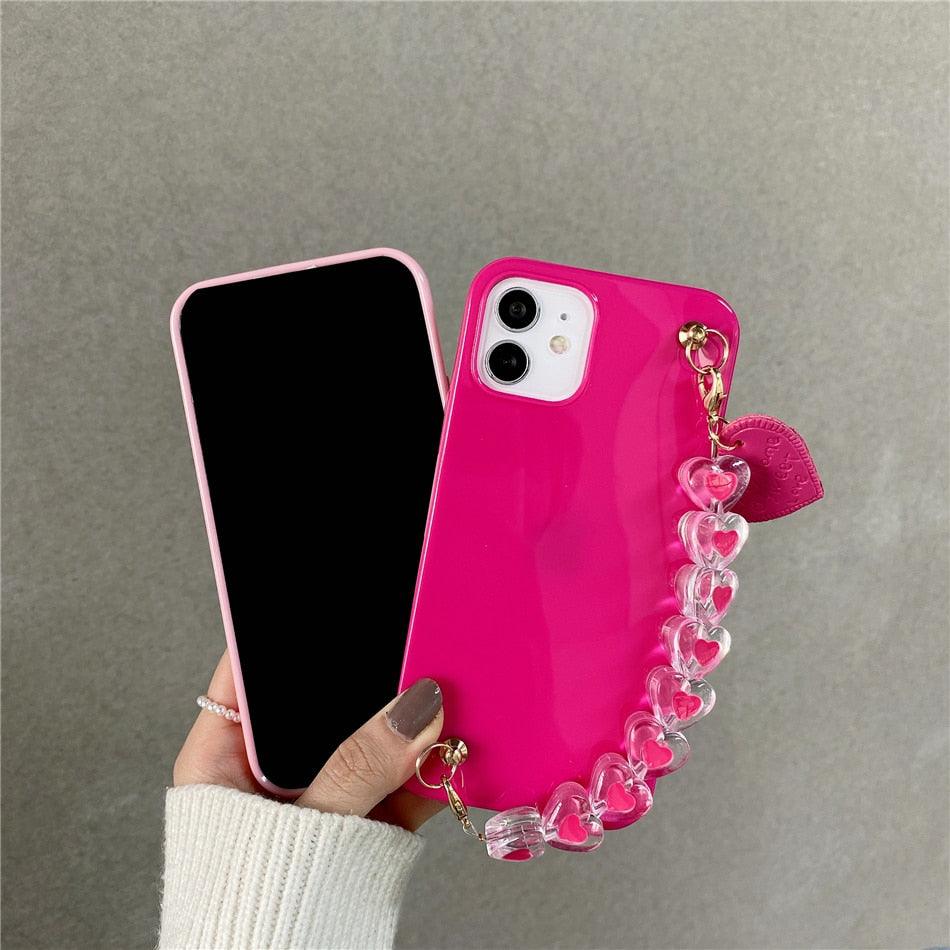 Cute Love Heart Strap Chain Wrist Band Phone Case Bracelet Love-Heart Chain Bracelet Strap Design with Shockproof Soft Back Cover Protective Bumper Case for Women Girls Candy Color Case for iPhone 13 12 11 Pro Soft Cover