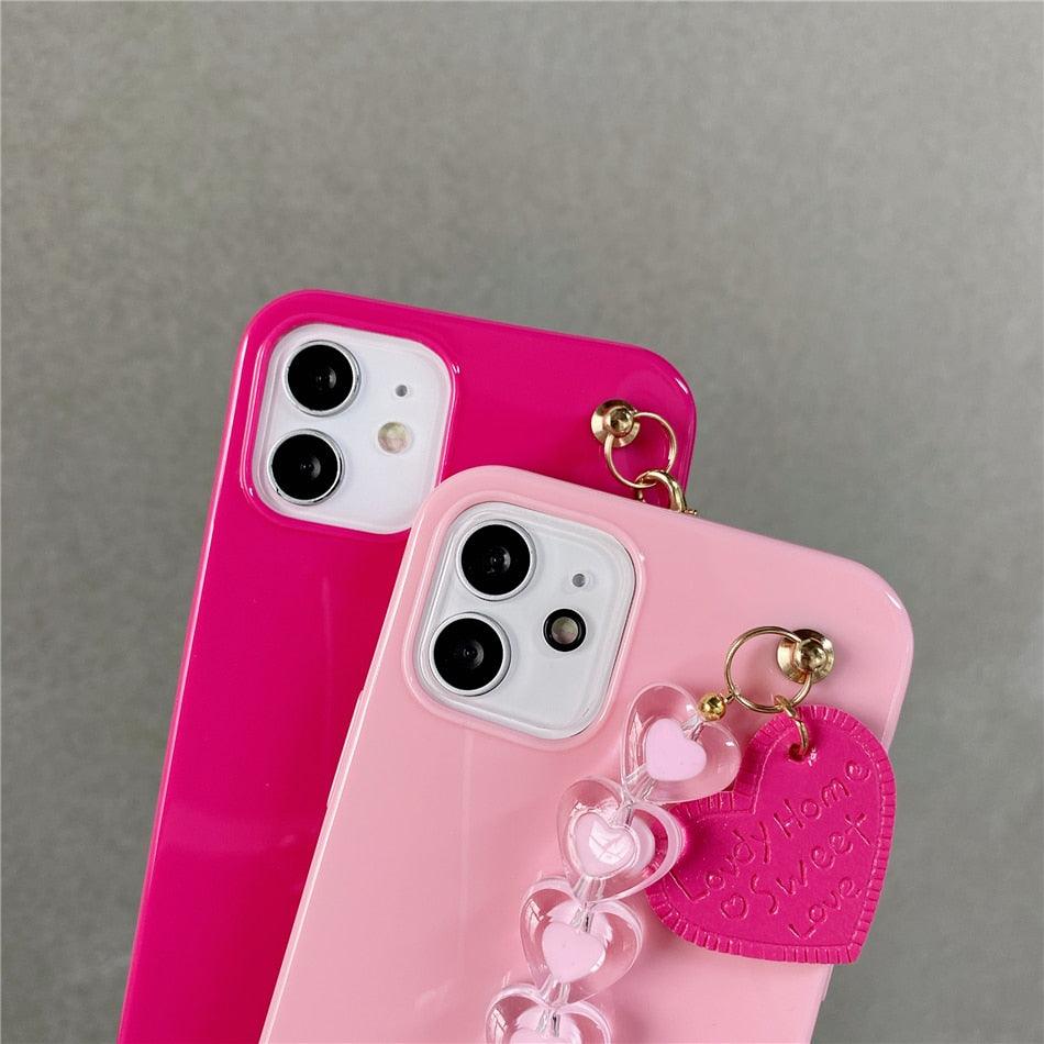 Cute Love Heart Strap Chain Wrist Band Phone Case Bracelet Love-Heart Chain Bracelet Strap Design with Shockproof Soft Back Cover Protective Bumper Case for Women Girls Candy Color Case for iPhone 13 12 11 Pro Soft Cover