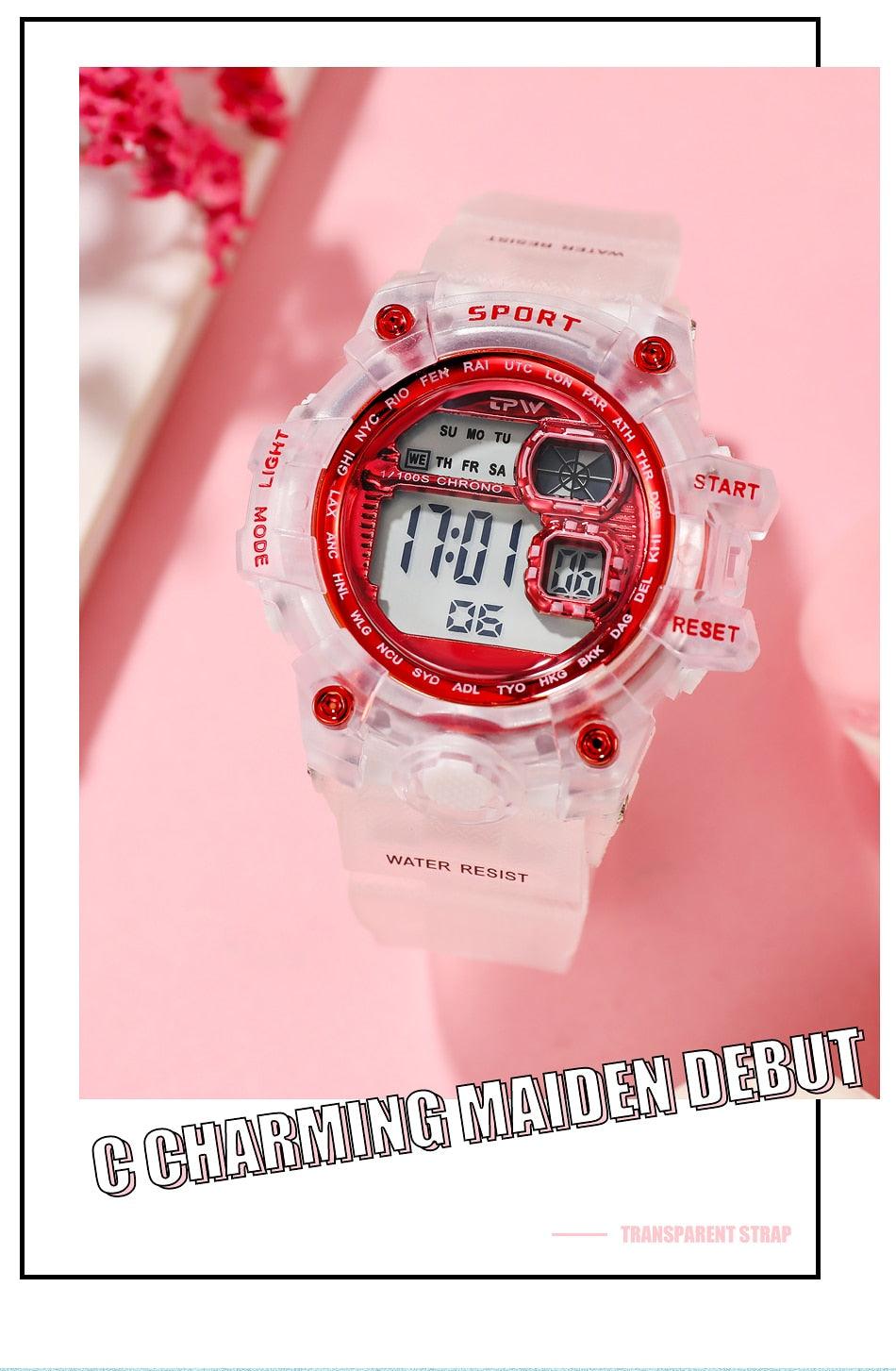 Digital Watches For Women School Girl Student  Transparent Color Water Resistent Silicone Strap Stopwatch Alarm Countdown Dual Time Ultra Super Wide-Angle Display Digital Wrist Watches For Men Women