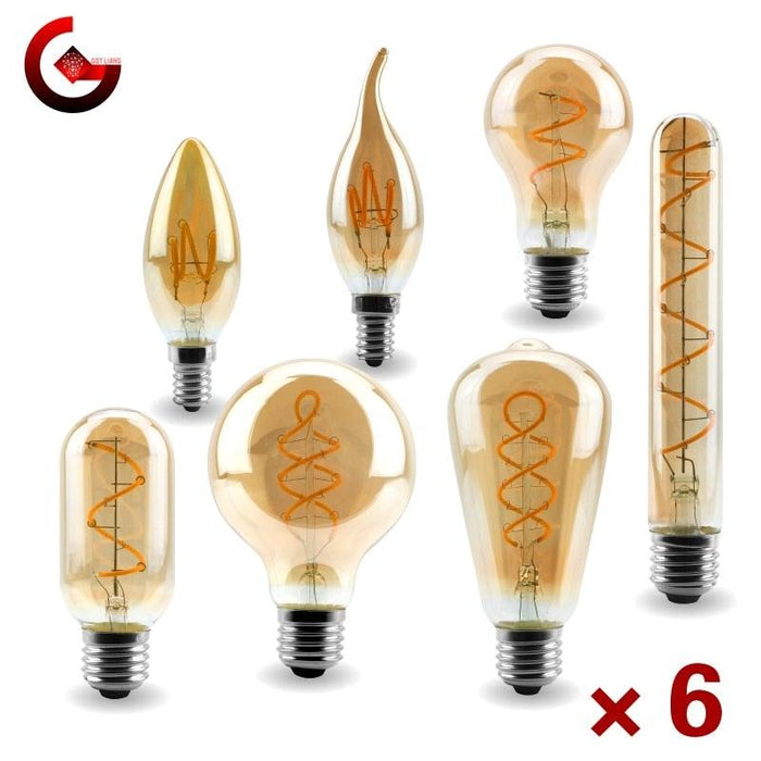 E14 E27 Retro LED Spiral Filament Light Bulb 4W 220V C35 G45 A60 T45 ST64 T185 T225 G80 G95 G125 Vintage Edison Lamp Vintage Filament Light Bulbs Globe Round