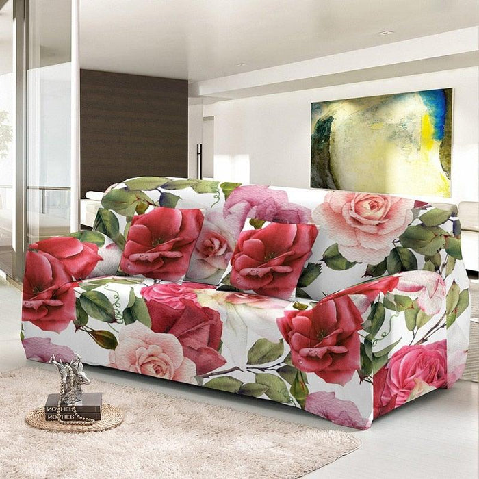 Elastic Sofa Cover For Living Room Stretch Combination Slipcovers Flowers Printed Sectional Couch Covers 1/2/3/4 Seater Floral Pattern Sofa Cover With Separate Cushion Cover Stretch Armchair Slipcover Washable Furniture Protector