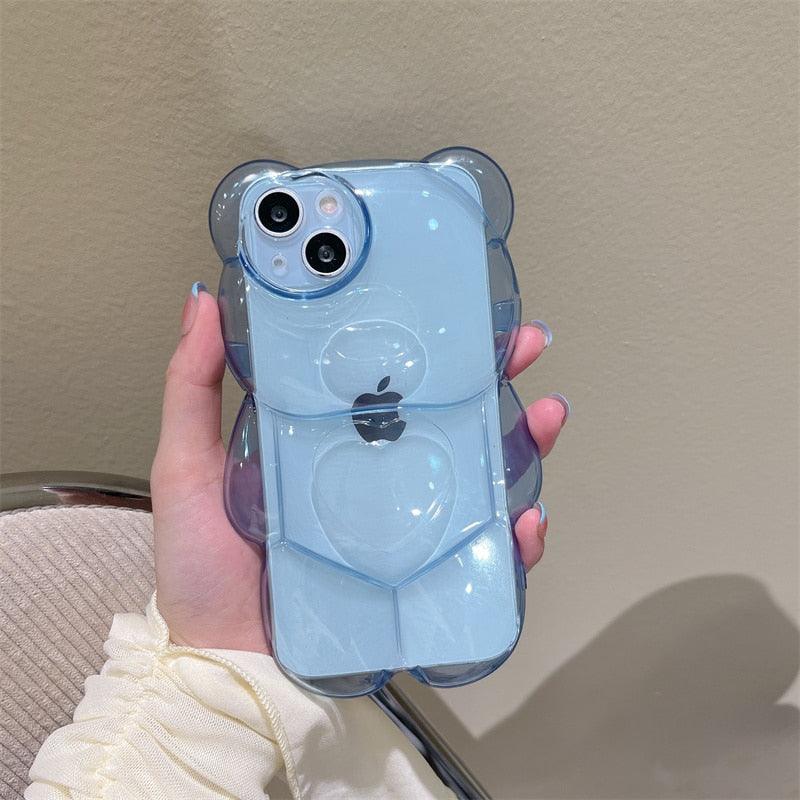 Elegant Cute 3D Love Heart Bear Transparent Phone Case For iPhone 14 13 Pro Max 12 11 X XR XS Silicone Soft Protective Cover Clear 3D Transparent Big Bear Case For iPhone