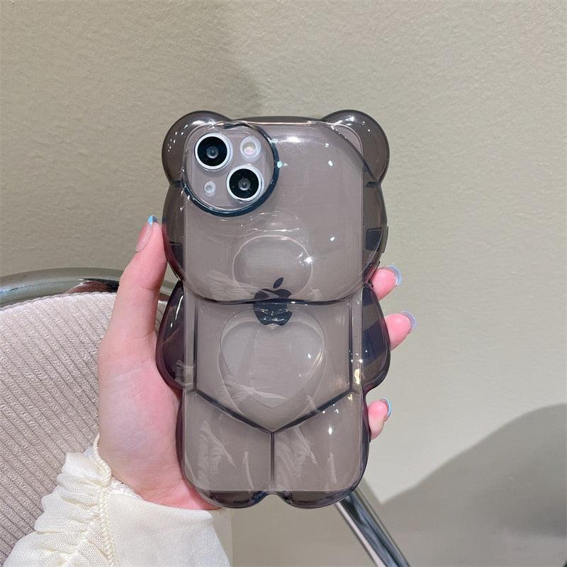 Elegant Cute 3D Love Heart Bear Transparent Phone Case For iPhone 14 13 Pro Max 12 11 X XR XS Silicone Soft Protective Cover Clear 3D Transparent Big Bear Case For iPhone