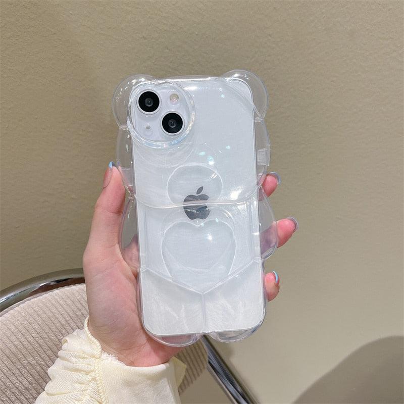 Elegant Cute 3D Love Heart Bear Transparent Phone Case For iPhone 14 13 Pro Max 12 11 X XR XS Silicone Soft Protective Cover Clear 3D Transparent Big Bear Case For iPhone