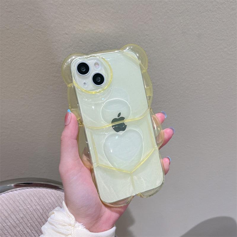 Elegant Cute 3D Love Heart Bear Transparent Phone Case For iPhone 14 13 Pro Max 12 11 X XR XS Silicone Soft Protective Cover Clear 3D Transparent Big Bear Case For iPhone