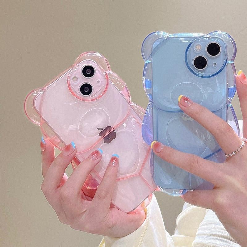 Elegant Cute 3D Love Heart Bear Transparent Phone Case For iPhone 14 13 Pro Max 12 11 X XR XS Silicone Soft Protective Cover Clear 3D Transparent Big Bear Case For iPhone
