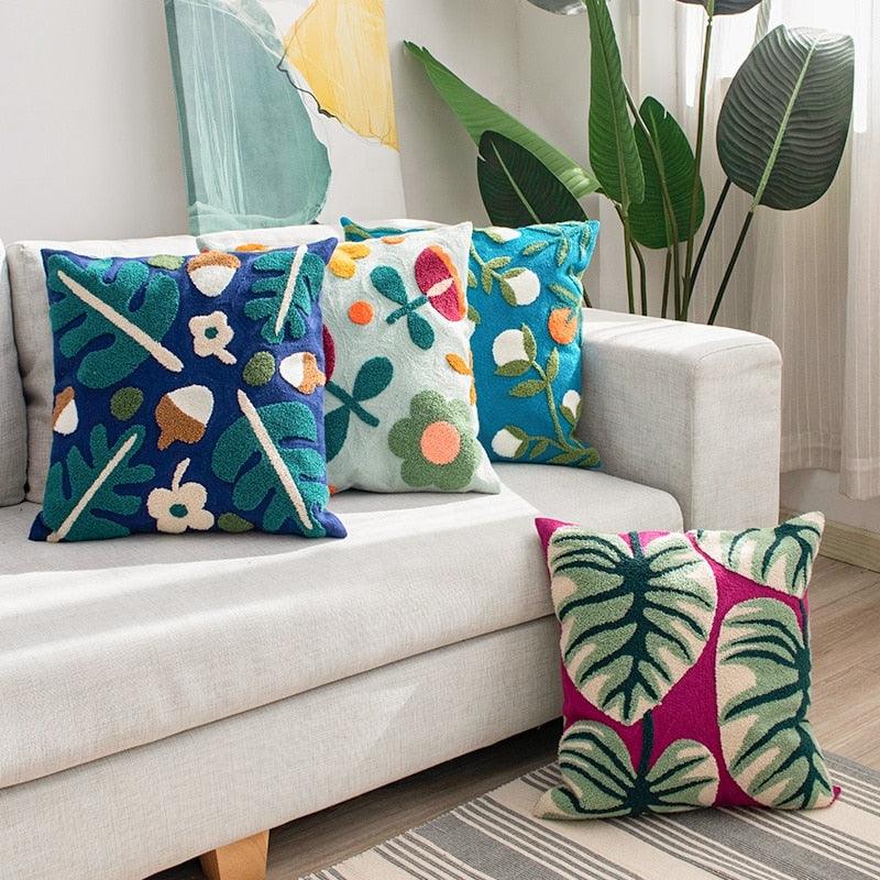 Embroidered Throw Pillow Covers Floral Style Pattern Cushion Cover Soft Cozy Home Decoration For Living Room Kids Room Color Block Handmade Cotton Cover Beautiful Modern Floral Patterns And Invisible Zipper Square Pillow Cover 45x45cm