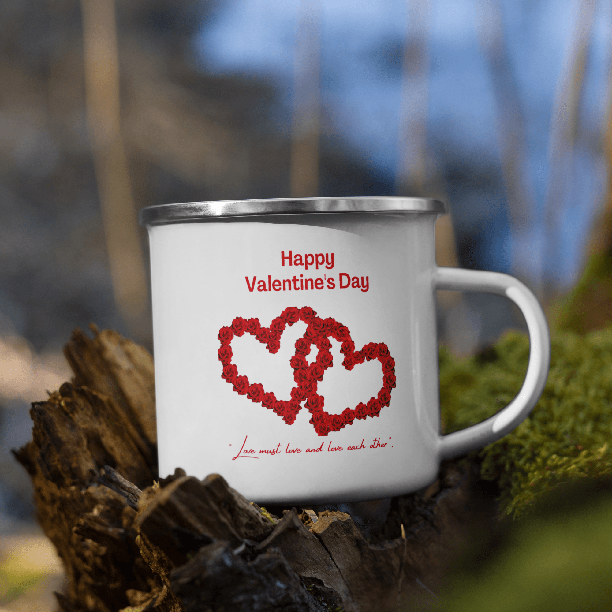 Happy Valentines Enamel Mug With Two Big Rose Red Hearts And Text Love Must Love and Love Each Other Unique Valentine Gift For Her Or Him Camping Mug Printed on One Side - STEVVEX POD - 1002, Customized mug, enammel mug, Happy VAlentine Enammel mug, Happy Valentine gift, Happy valentine mug, I love you enamel mug, I love you mug, Love must Love and love each other enammel mug, Print on demand, Print on demand enammel mug, Two Big Heart Mug, Valentine mug, Valentine mug Pig Valentine mug - Stevvex.com