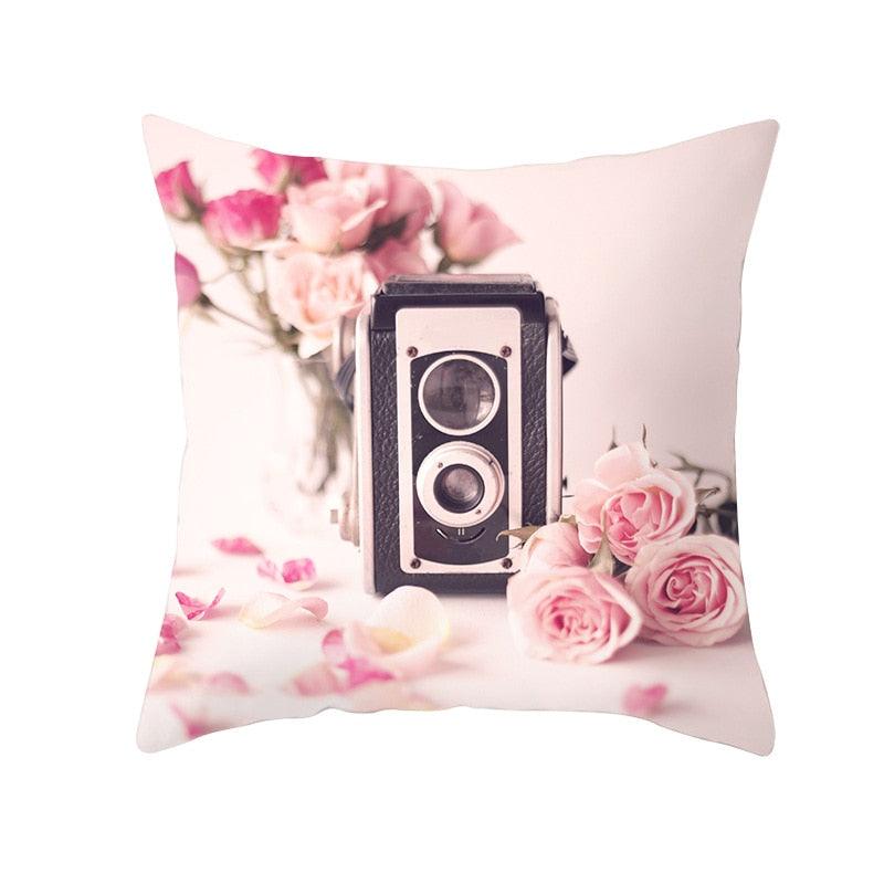 Fancy Theme Pillow Cover Hand Painted Flowers Camera Super Soft Chair Cushion Cover For Home Decoration Pink Flowers Digital Print Pillow Cover Queen Cushion Cover Book Vase Decor Throw Pillow Case Fancy Theme Decorative Accent Pillow 45X45cm