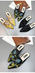 Fashion Embroidery Women Fur Slides Half Slippers Velvet Shoes Flats Flower Decoration Low Heel Flats Leather Slip On Backless Sandals For Girls Womens Work Slides Shoes
