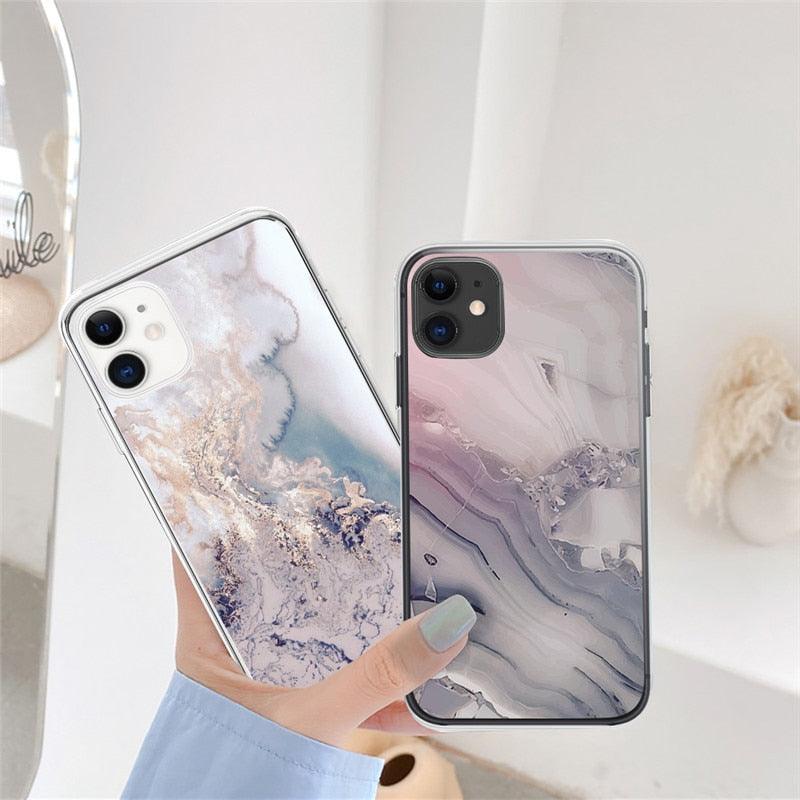 Fashion Marble Pattern Phone Case For iPhone 13 12 11 Pro Max 7 8 6 6S Plus X XR XS Max 12Mini 5 5S SE Cute Soft TPU Cover Full Body Protection with Raised Bezel