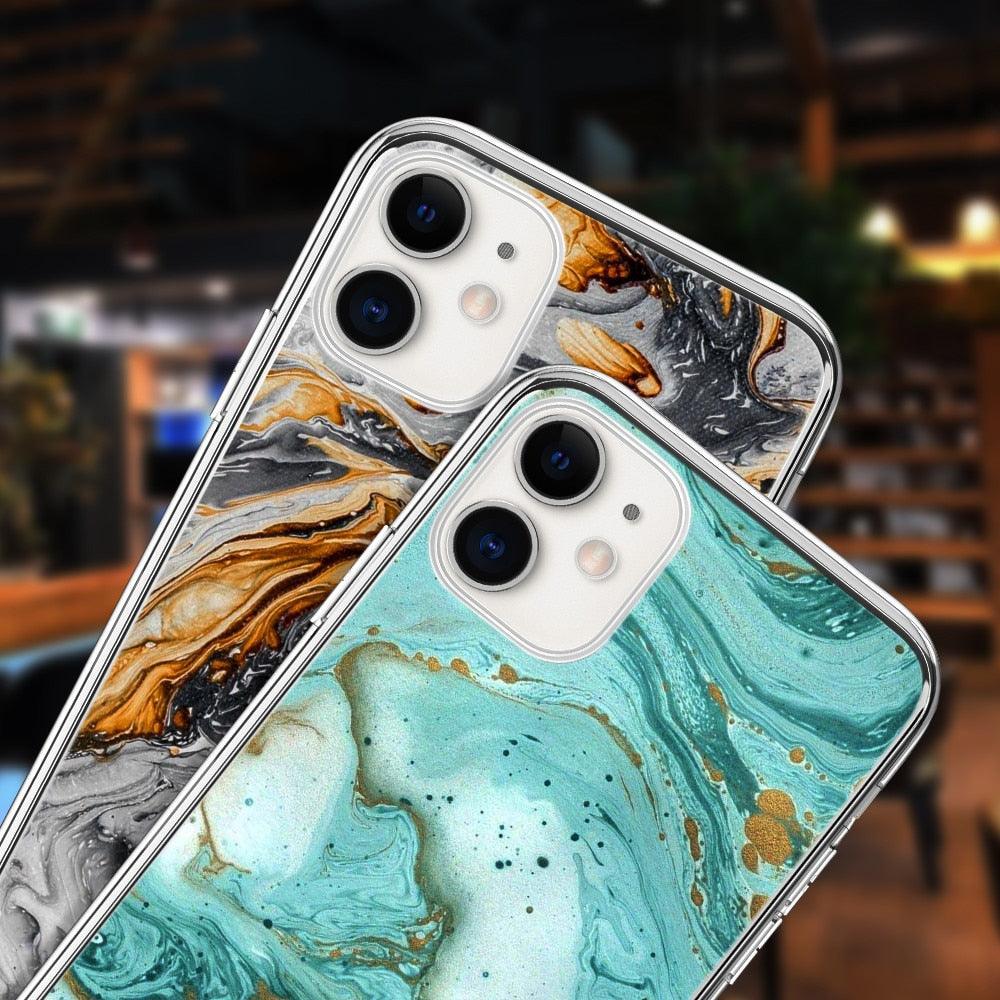 Fashion Marble Pattern Phone Case For iPhone 13 12 11 Pro Max 7 8 6 6S Plus X XR XS Max 12Mini 5 5S SE Cute Soft TPU Cover Full Body Protection with Raised Bezel