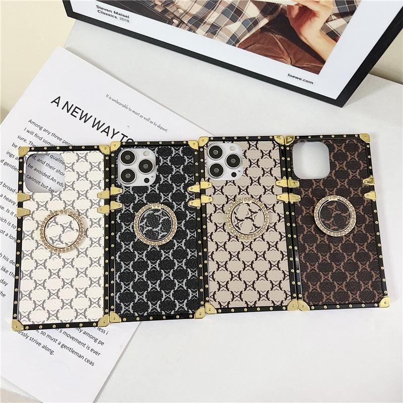 Fashion Pattern 3D Diamond Ring Holder Square Metal Shockproof Case For iPhone 13 Pro Max 11 12Pro Max Xs XR X 7 8Plus Se cover Retro Luxury Cases for Women with Ring Stand Holder and Lanyard