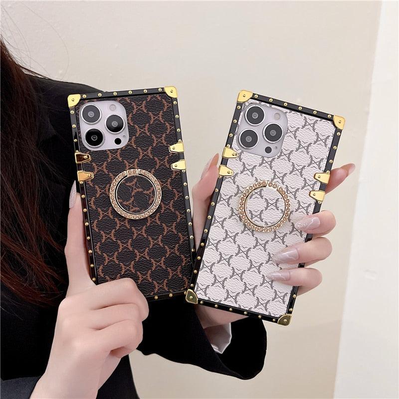 Fashion Pattern 3D Diamond Ring Holder Square Metal Shockproof Case For iPhone 13 Pro Max 11 12Pro Max Xs XR X 7 8Plus Se cover Retro Luxury Cases for Women with Ring Stand Holder and Lanyard