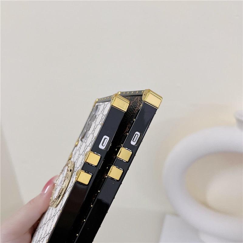 Fashion Pattern 3D Diamond Ring Holder Square Metal Shockproof Case For iPhone 13 Pro Max 11 12Pro Max Xs XR X 7 8Plus Se cover Retro Luxury Cases for Women with Ring Stand Holder and Lanyard