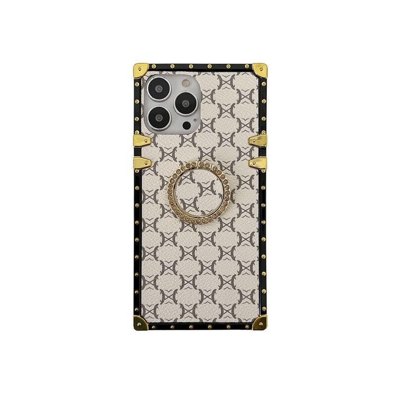 Fashion Pattern 3D Diamond Ring Holder Square Metal Shockproof Case For iPhone 13 Pro Max 11 12Pro Max Xs XR X 7 8Plus Se cover Retro Luxury Cases for Women with Ring Stand Holder and Lanyard