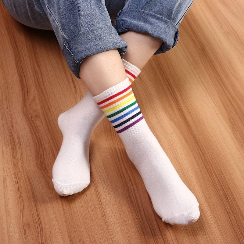 Fashion Socks Cotton Rainbow Color Black And White Christmas Gift Classic Warm Casual Tide Harajuku Funny Cute Pop Korean Socks Short Socks For Men And Women