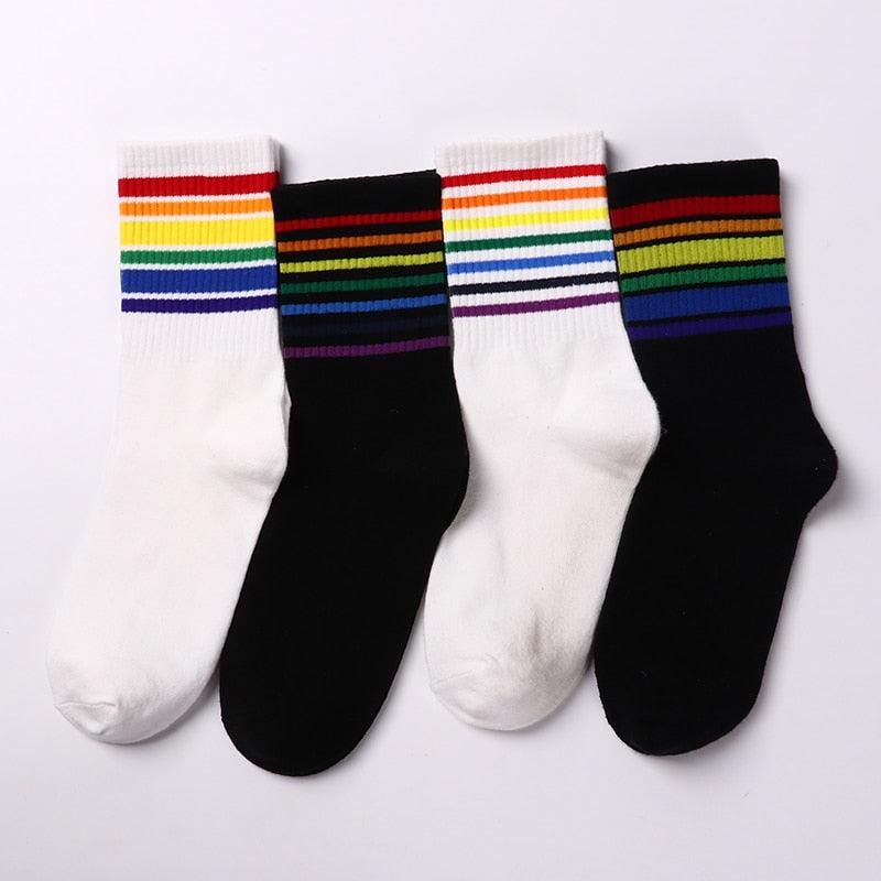 Fashion Socks Cotton Rainbow Color Black And White Christmas Gift Classic Warm Casual Tide Harajuku Funny Cute Pop Korean Socks Short Socks For Men And Women